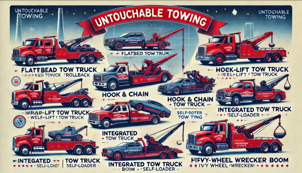 Comparison of six tow truck types in 2025, including flatbed, wheel-lift, integrated, rotator, hook and chain, and boom tow trucks, showcasing their unique features for vehicle towing and recovery.